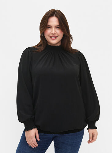Solid color smock blouse with long sleeves, Black, Model image number 0