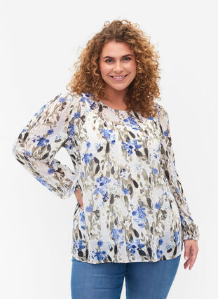 Long-sleeved printed blouse, Blue Flower AOP, Model image number 0
