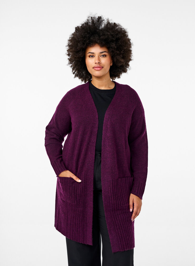 Long cardigan with pockets, Potent Purple Mel., Model image number 0