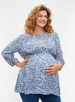 Maternity blouse in viscose and dot print, Blue Flower AOP, Model image number 0