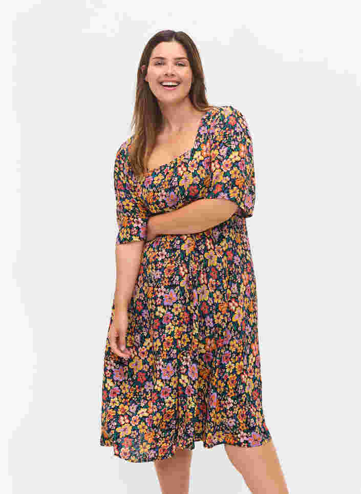 Floral viscose midi dress, Multi Flower AOP, Model image number 0