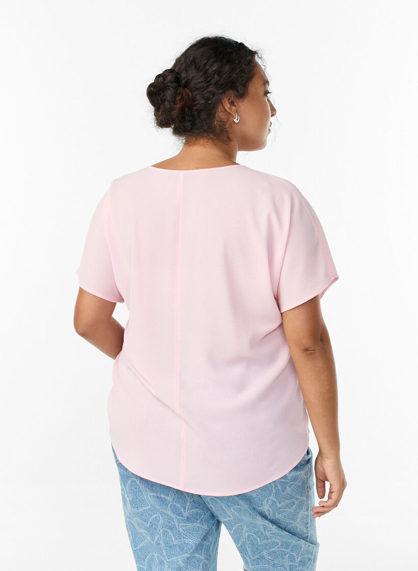 Blouse with short sleeves and a round neckline, Pink, Model image number 2
