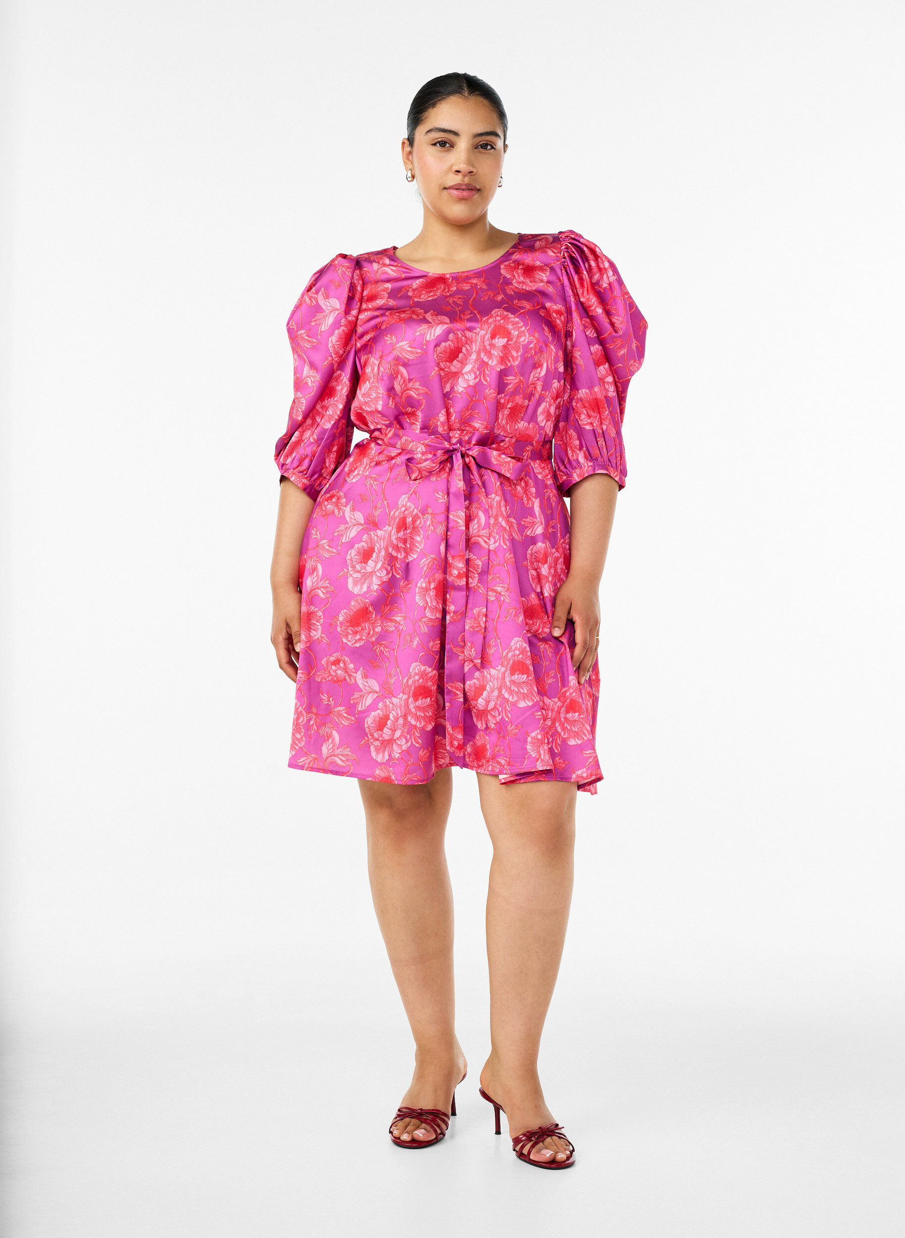 ZizzifashionFloral dress with puff sleeves and tie-belt, Pink, Model image number 1