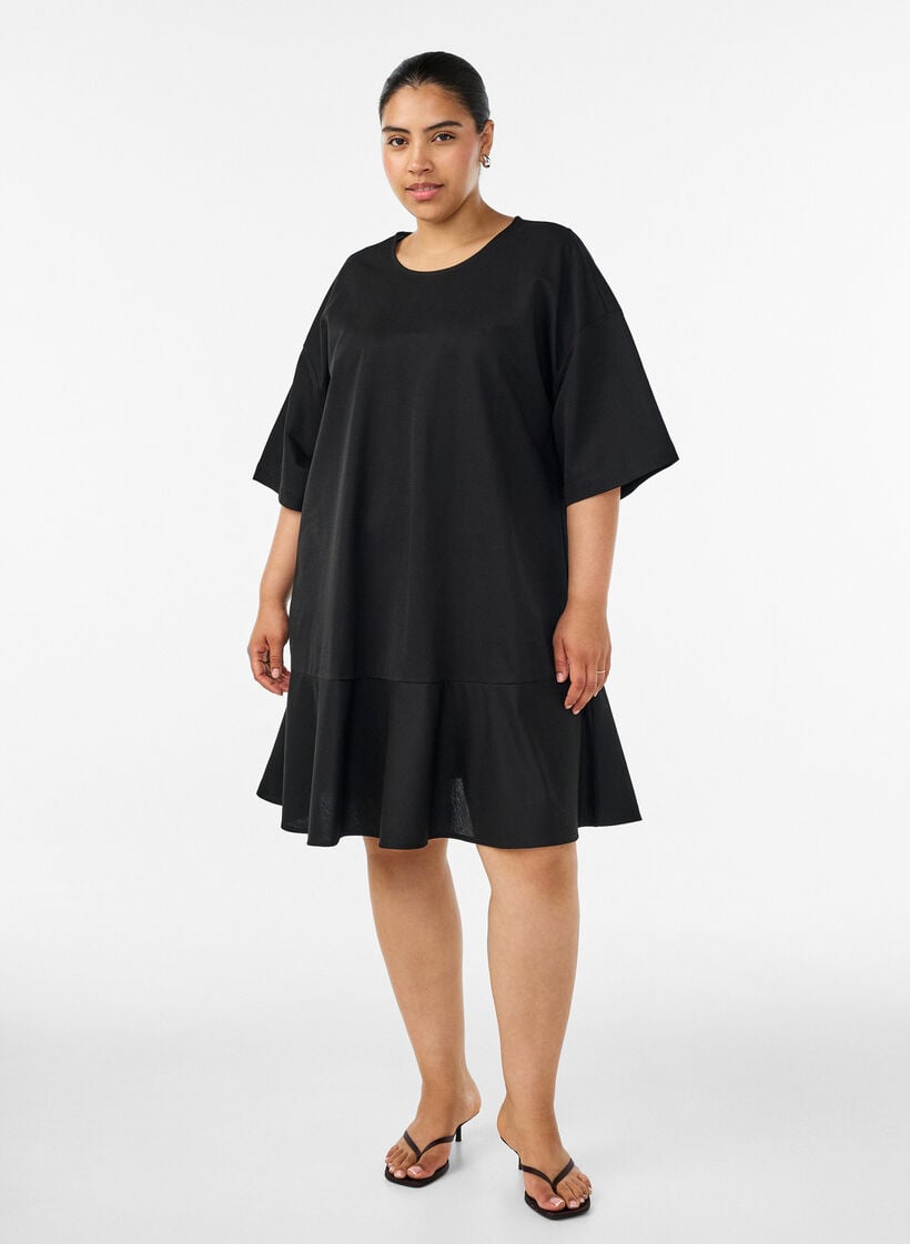 Short dress with a loose fit and ruffle hem, Black, Model image number 1