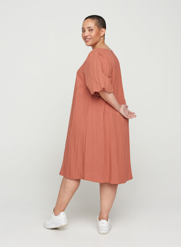 Short-sleeved viscose dress with A-line cut, Copper Brown, Model image number 1