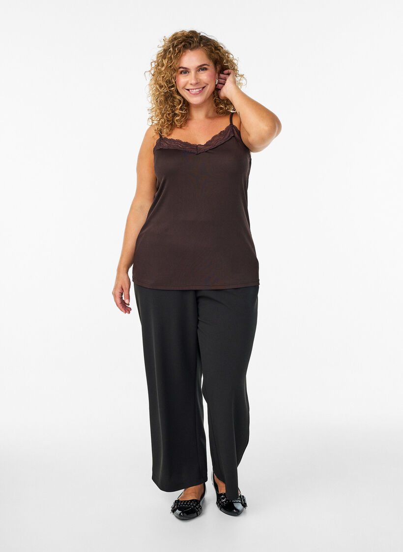 Ribbed jersey top with lace trim, Brown, Model image number 1