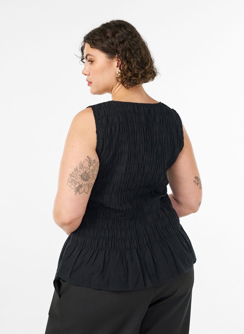 Sleeveless cotton and linen top with smock, Black, Model image number 2