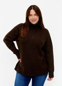 Knitted sweater with zipper, Demitasse/Black Mel., Model