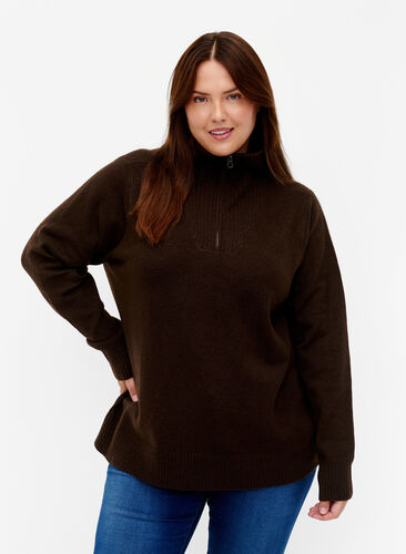 Knitted sweater with zipper, Demitasse/Black Mel., Model image number 0
