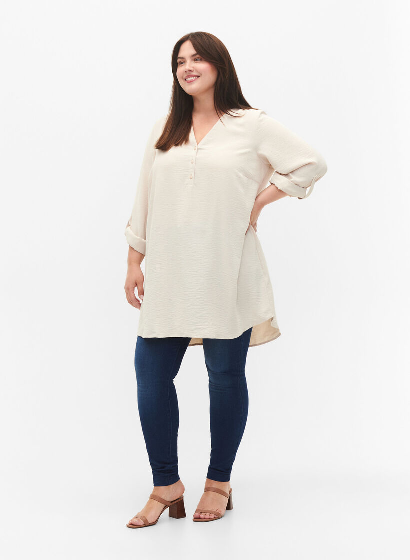 Solid color tunic with v-neck and buttons, Warm Off-white, Model image number 2