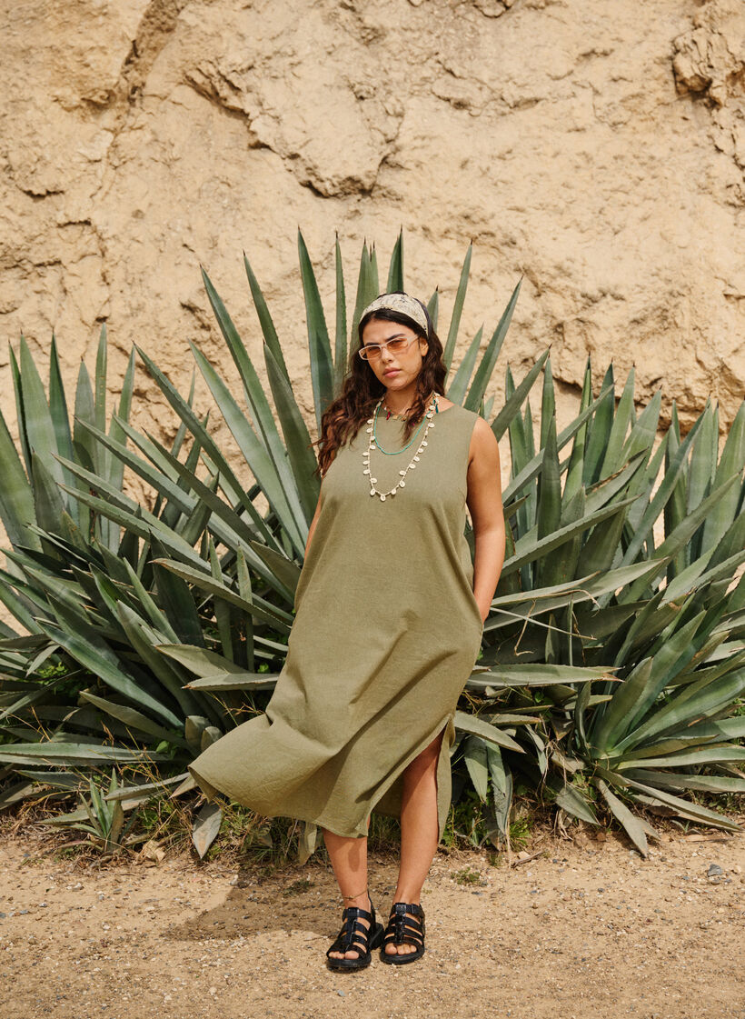 Sleeveless cotton blend dress with linen, Deep Lichen Green, Image image number 0