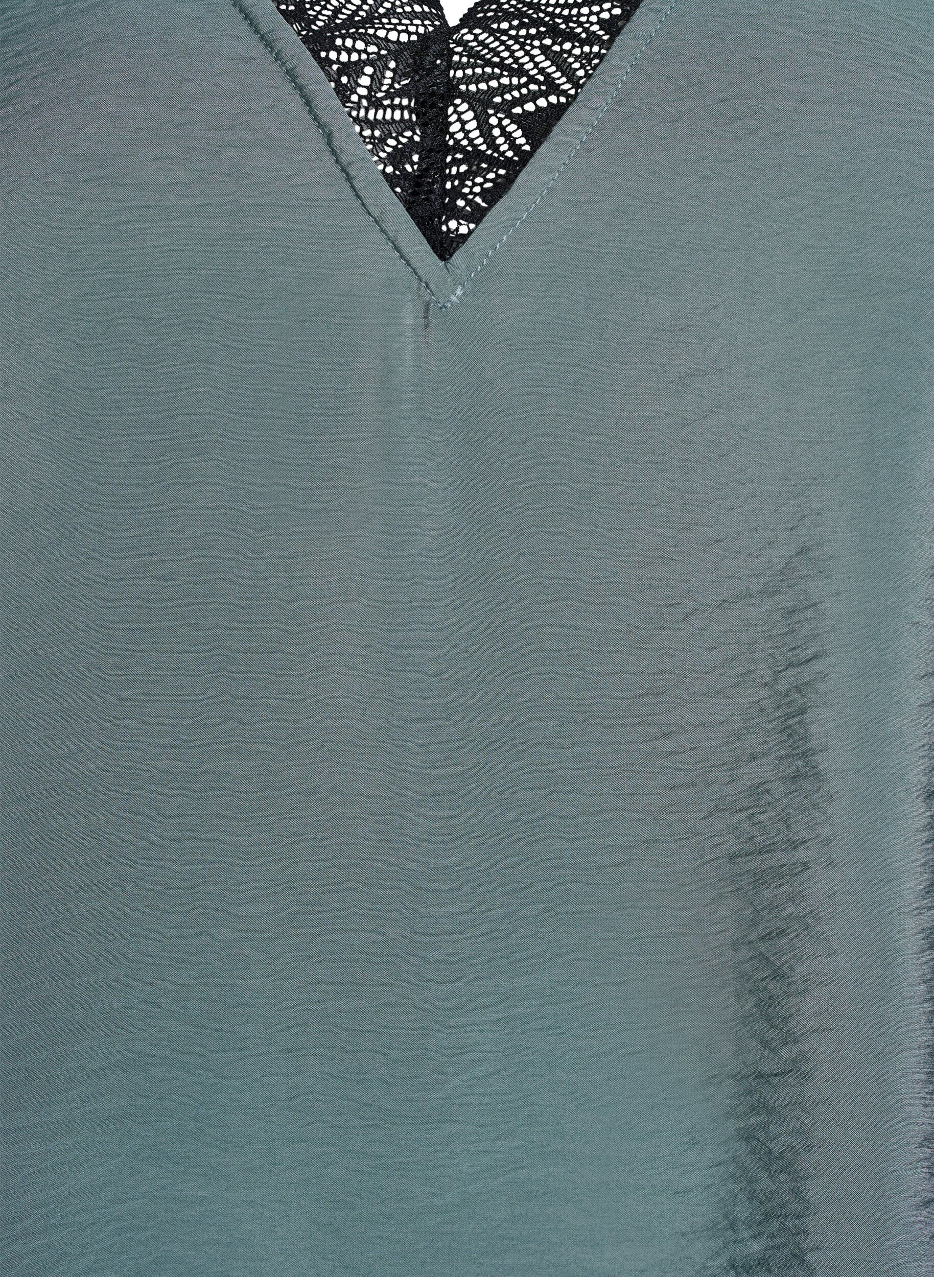 Zizzifashion Short-sleeved viscose blouse with lace trim, Green, Packshot image number 2