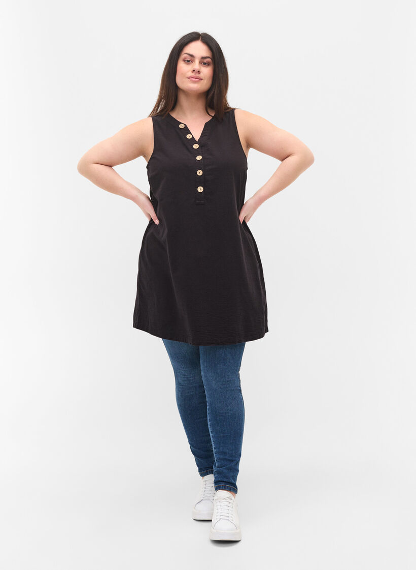 Sleeveless cotton tunic with buttons, Black, Model image number 2