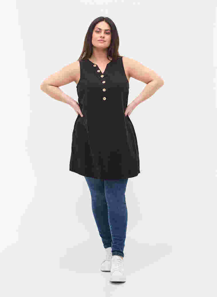 Sleeveless cotton tunic with buttons, Black, Model image number 2