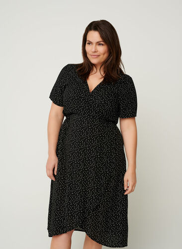 Short-sleeved, dotted wrap dress, Black, Model image number 0