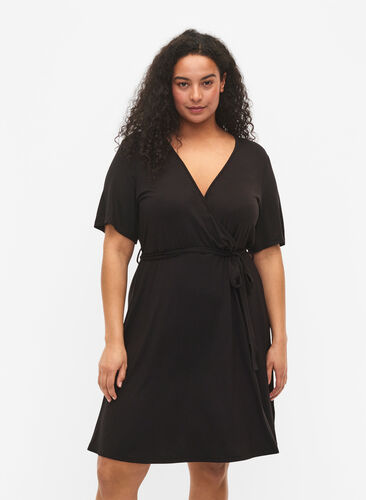 Wrap dress in viscose with short sleeves, Black, Model image number 0
