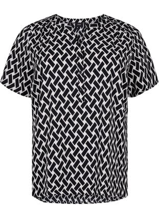 Blouse with short sleeves and v-neck, Black Graphic AOP, Packshot image number 0