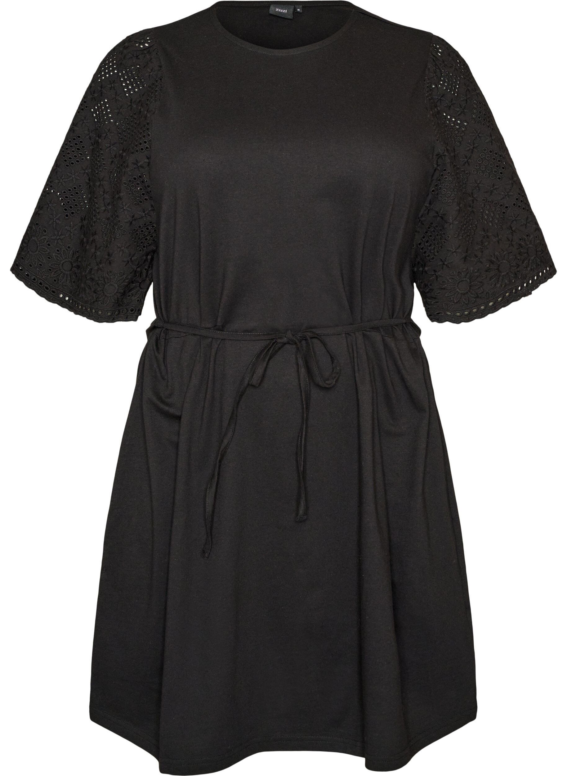 ZizzifashionCotton dress with broderie anglaise sleeves and a tie-waist, Black, Packshot image number 0