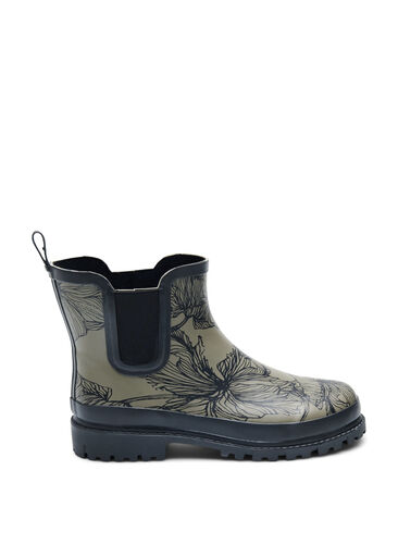 Short wide fit rubber boots with print, Dusty Olive Flower, Packshot image number 0