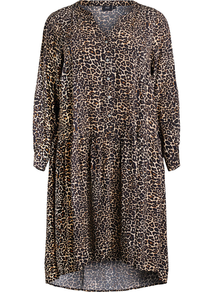 Printed viscose midi dress with long sleeves, Brown, Packshot image number 0