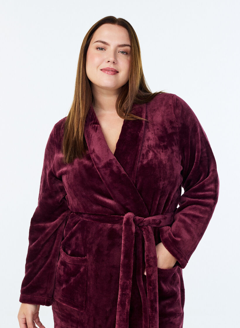Robe in soft velour with pockets, Dark Bordeaux, Model image number 2