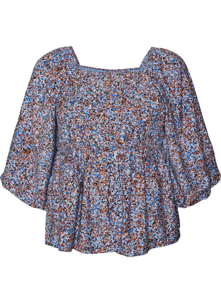 Blouse with smock and square neckline, Light Blue, Packshot image number 0