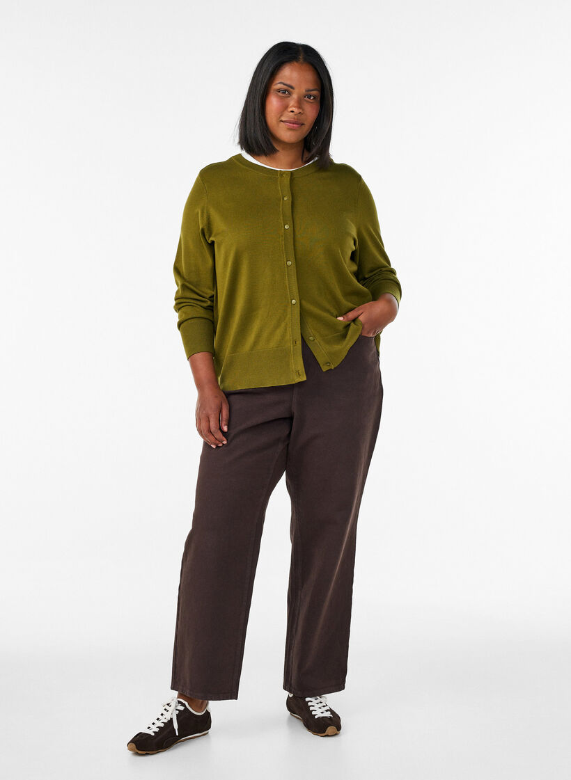 Knitted cardigan with round neck and buttons, Green, Model image number 1