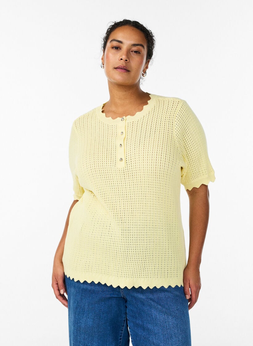 Short-sleeved knit blouse with openwork pattern and wavy edges, Yellow, Model image number 0