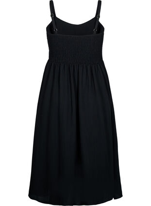 Plain coloured viscose strap dress with smock, Black, Packshot image number 1