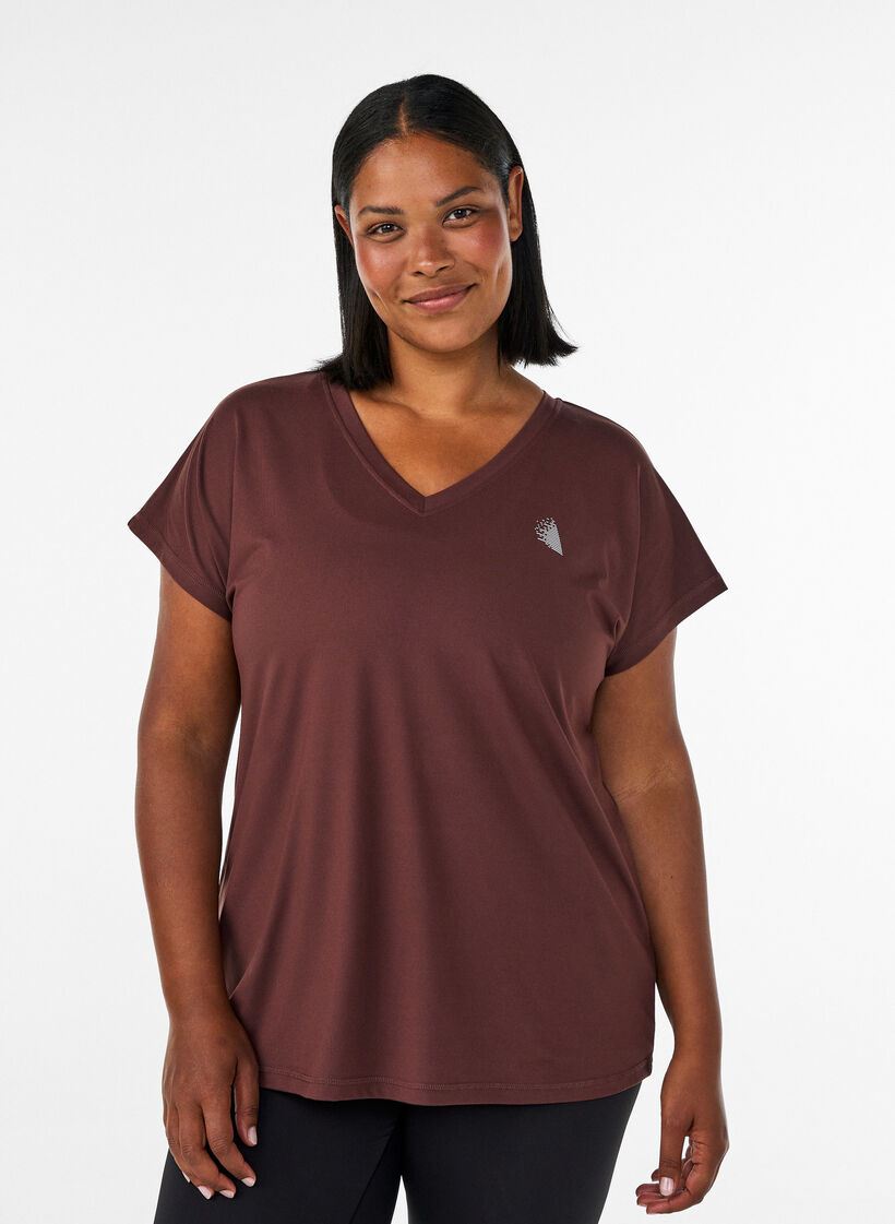 Loose training t-shirt with v-neck, Brown, Model image number 0