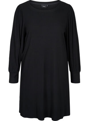 Plain, balloon-sleeved dress, Black, Packshot image number 0