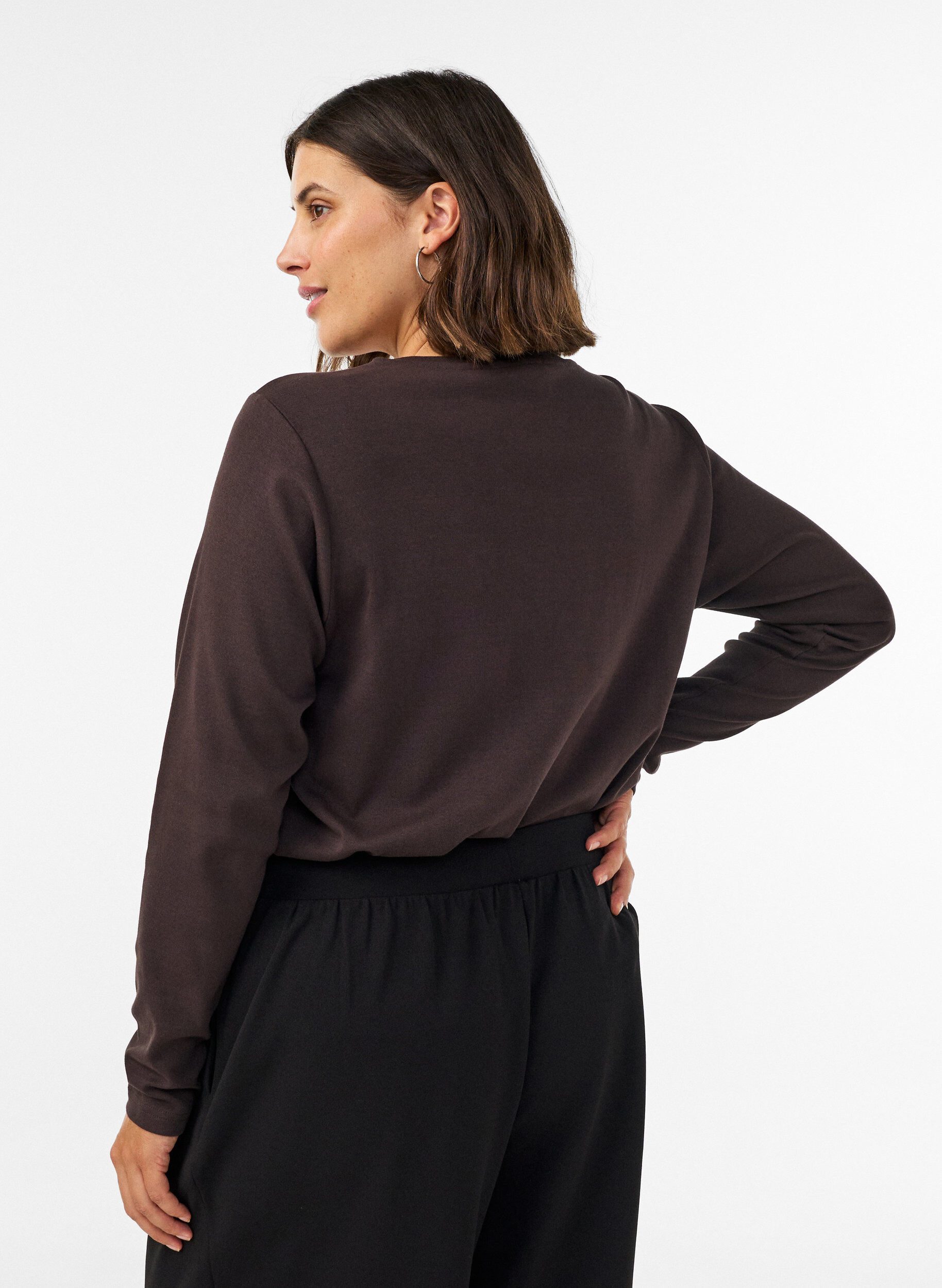 ZizzifashionLong-sleeved basic T-shirt with a round neck, Brown, Model image number 2