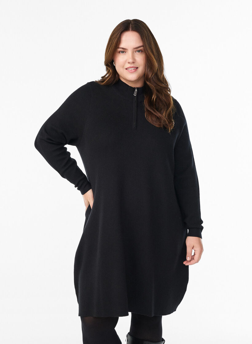 Knit dress with high neck and zipper, Black, Model image number 0