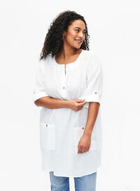 3/4 sleeve cotton blend tunic with linen, Off-White, Model
