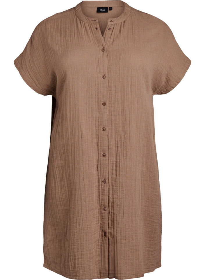 Long cotton muslin shirt, Brown, Packshot image number 0