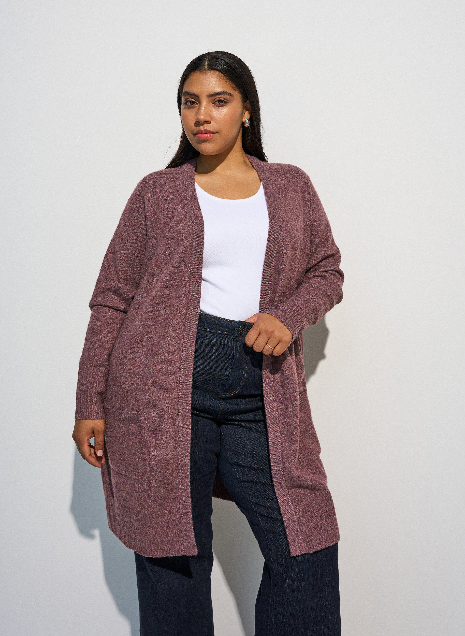 Ribbed Knit Cardigan with Pockets, Red, Model