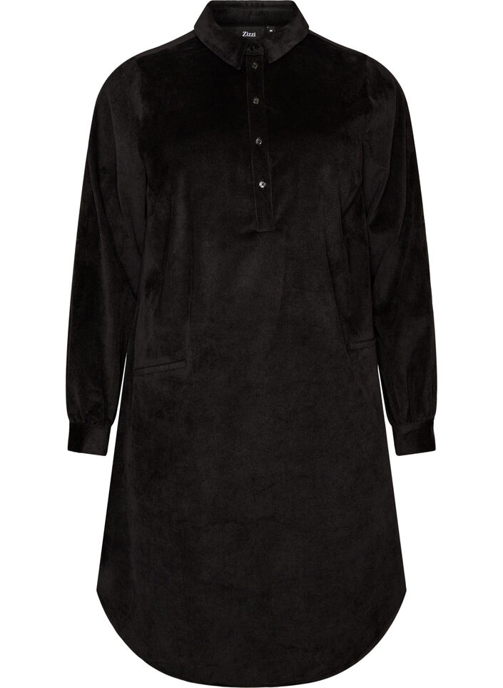 Corduroy shirt dress with collar and button fastening, Black, Packshot image number 0