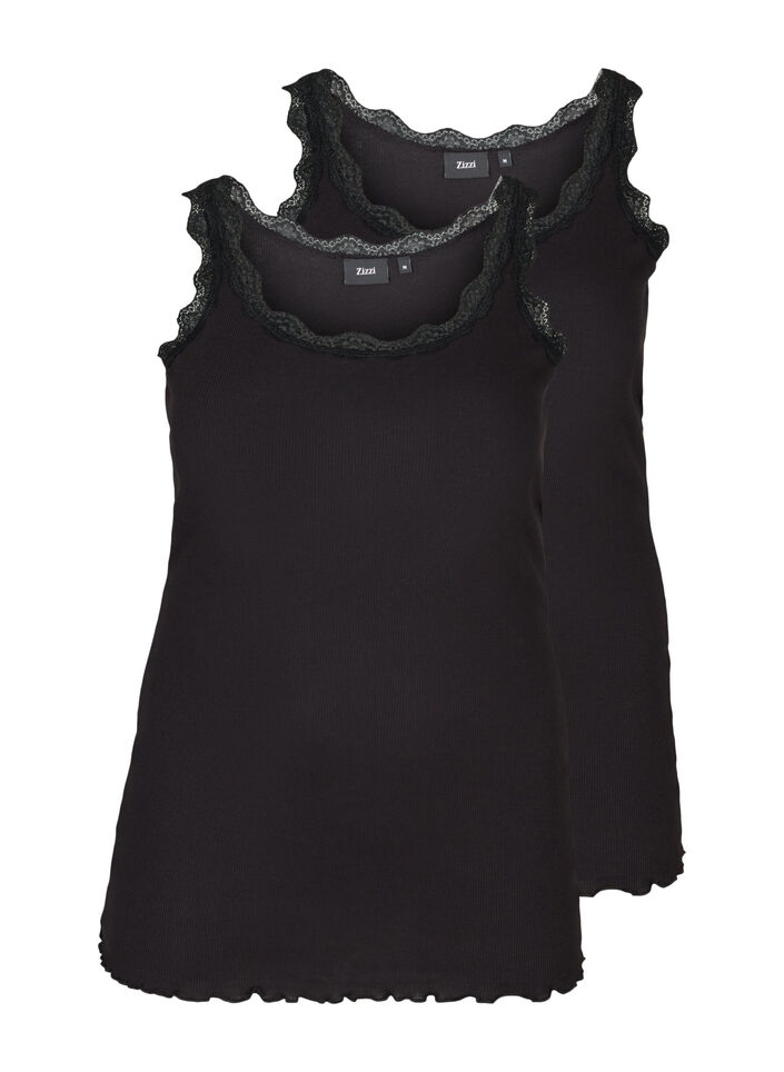 2-pack tops with lace trim, Black, Packshot image number 0