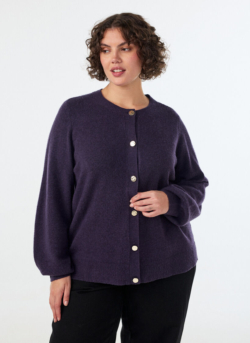 Cardigan in soft knit with gold-coloured buttons, Purple, Model image number 0