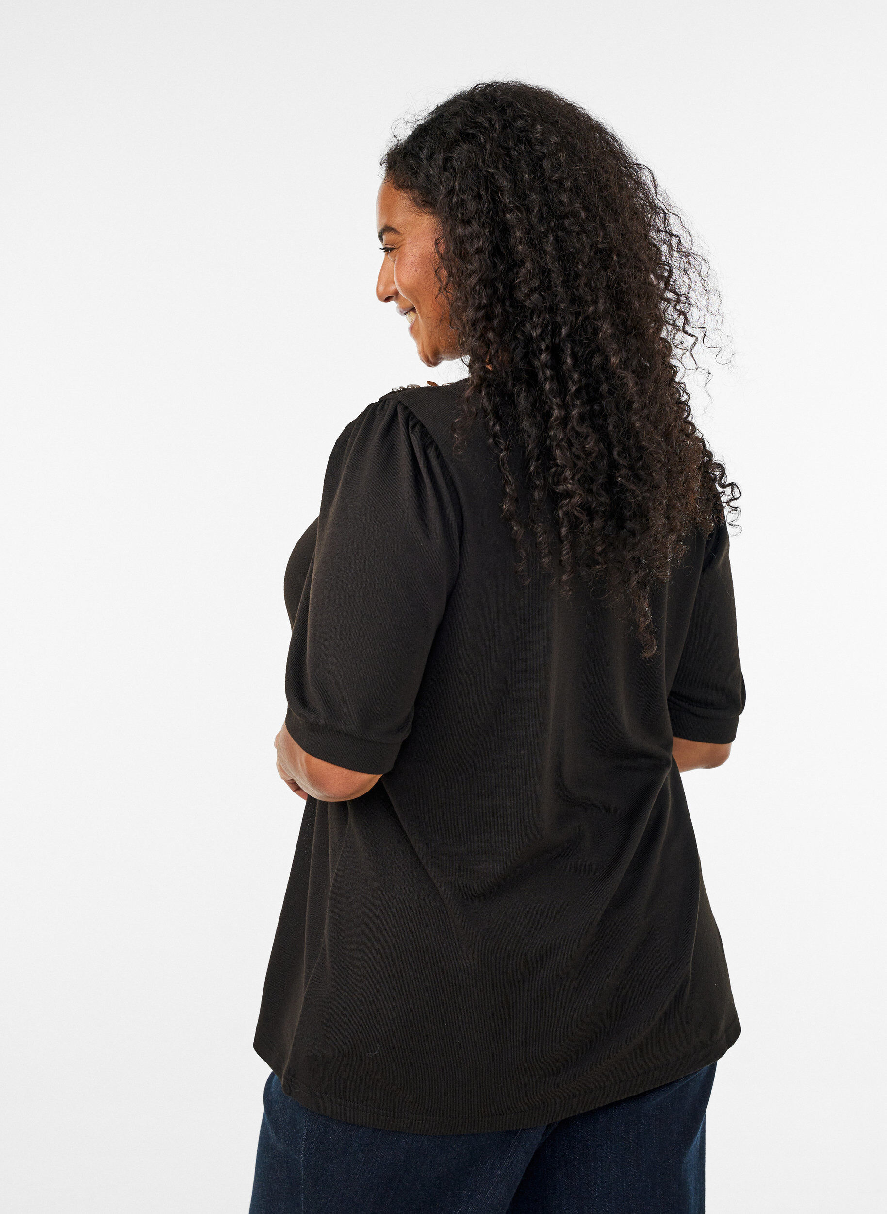 ZizzifashionBlouse with button detail and short puff sleeves, Black, Model image number 2