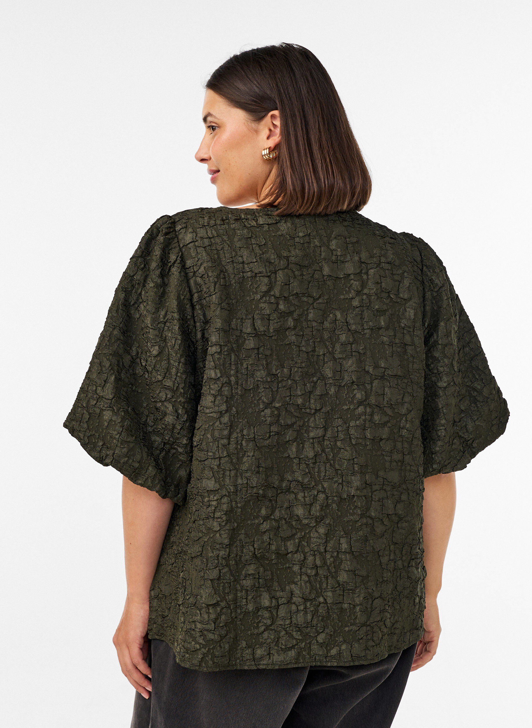 ZizzifashionJacquard blouse with puff sleeves and an A-line shape, Green, Model image number 2