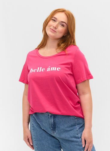 Short sleeve cotton t-shirt with text print, Fandango Pink, Model image number 0