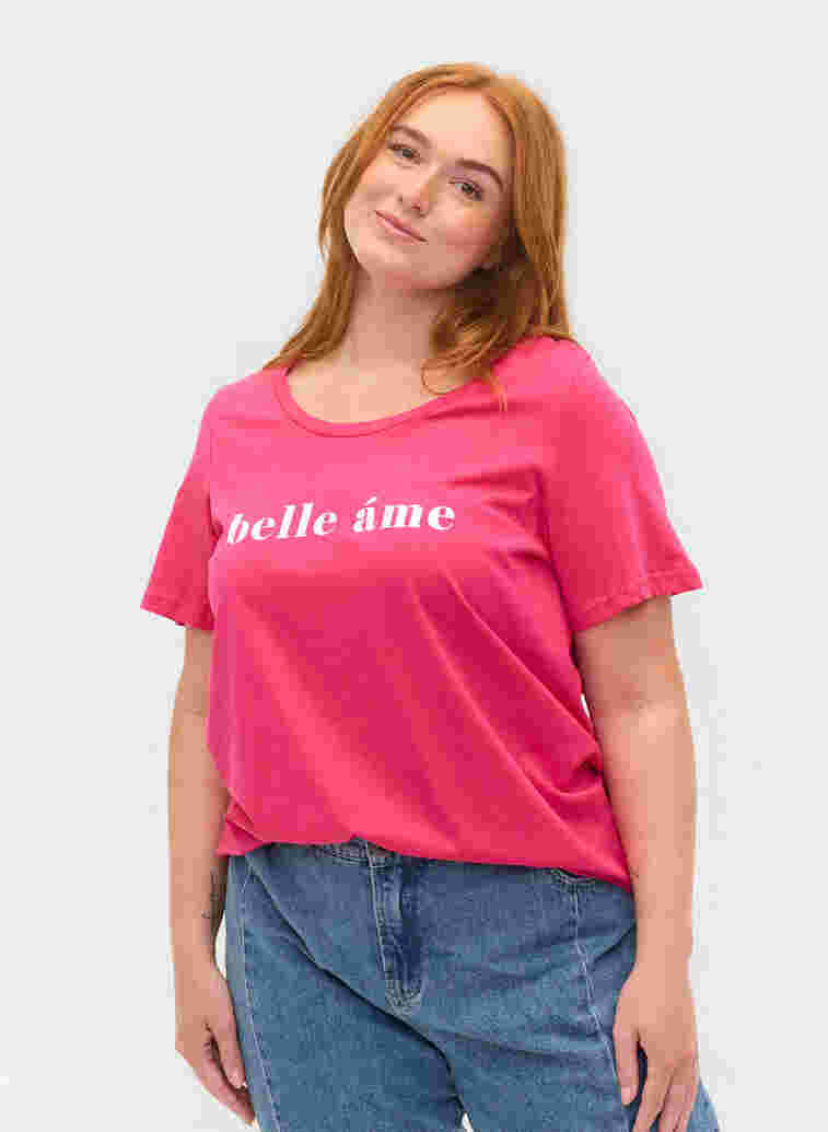 Short sleeve cotton t-shirt with text print, Fandango Pink, Model