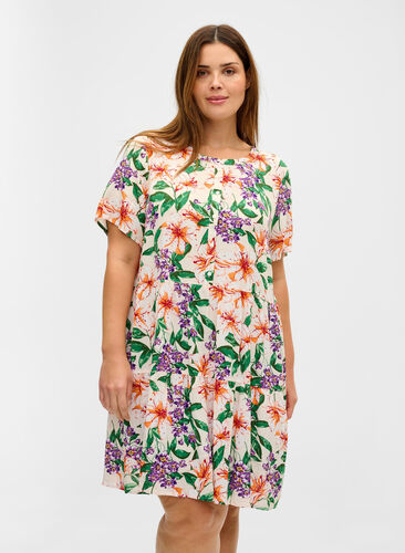 Short-sleeved viscose dress with A-line cut, Tropic AOP, Model image number 0