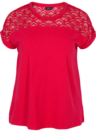 Short-sleeved cotton t-shirt with lace, Tango Red, Packshot image number 0