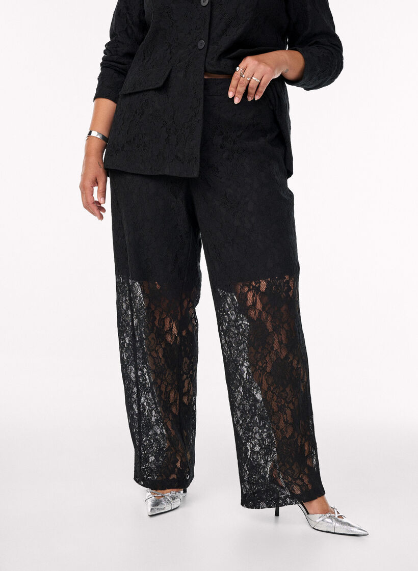 High-waisted lace trousers, Black, Model image number 2