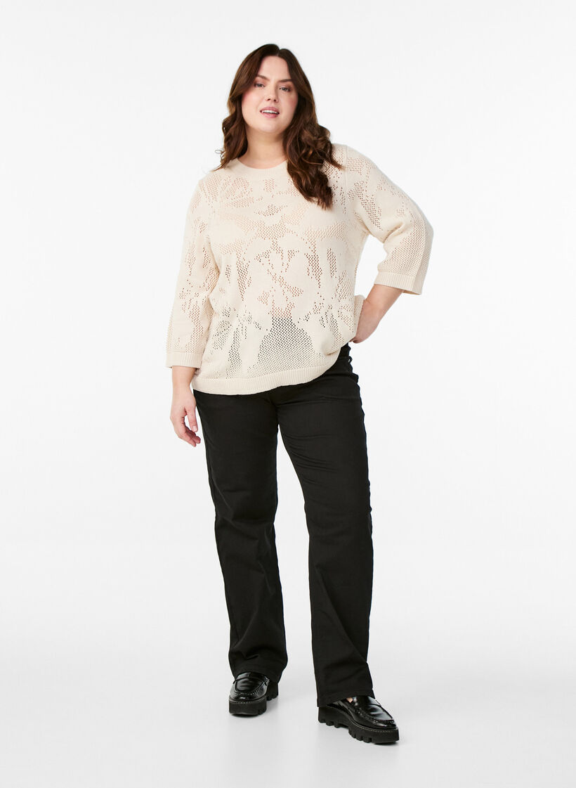 Knit blouse with an openwork pattern and 3/4 sleeves, Birch, Model image number 2