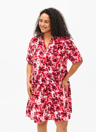 Cotton dress with floral print, Pink AOP Flower, Model image number 0