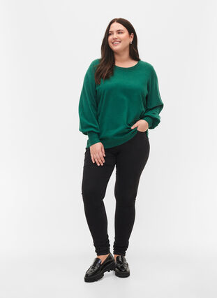 Knitted blouse with viscose and balloon sleeves, Evergreen Mel., Model image number 3