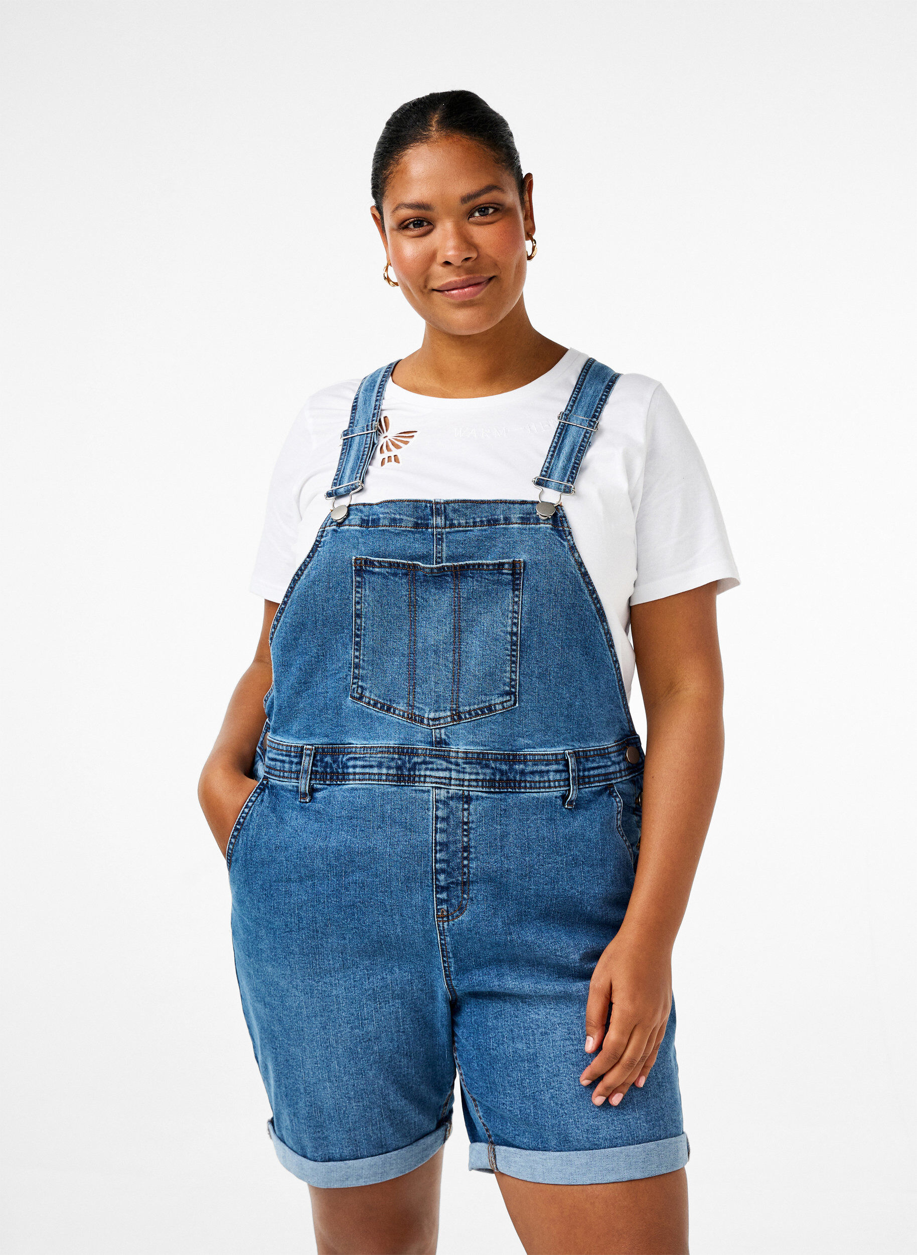 Denim overalls shorts, Light Blue, Model